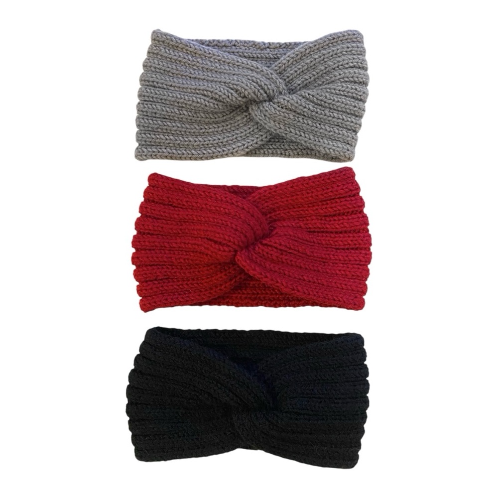 BUNDLE of 3 Headbands Women’s One Size Red Grey Black Knit Hair Accessory Cute
